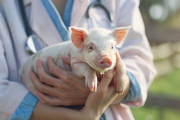 woman veterinarian holding little pig on farm