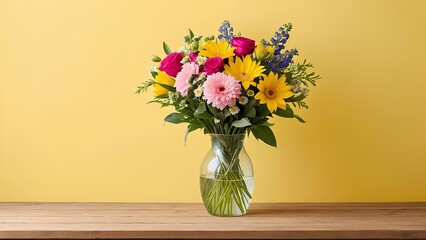 Fototapeta premium A vase with flowers on the table and a yellow wall behind it. Copy Space, Yellow Background Banner, Yellow Background Copy Space
