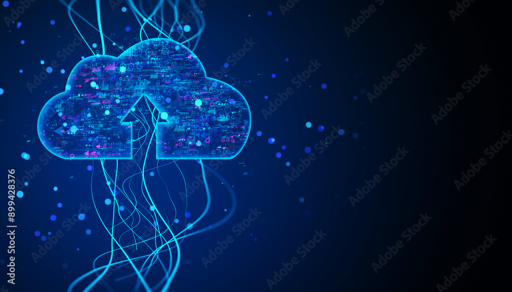 Aufkleber digital cloud data concept with neon blue lines on dark background. 3d rendering