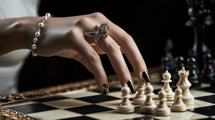 Close-up photograph of a woman's slender fingers, adorned with intricate jewelry, expertly maneuvering a white chess queen across the board.