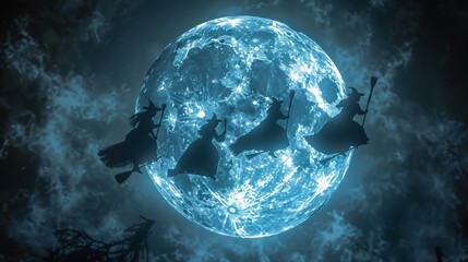 halloween witch scene, witches on brooms glide past the full moon, casting an enchanting spell over the halloween night sky with their ghostly presence