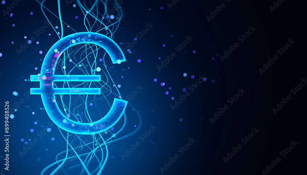 Poster euro symbol in neon digital style with abstract lines on dark blue background. 3d rendering