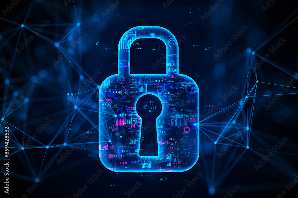 Poster digital lock on a futuristic blue network background. 3d rendering