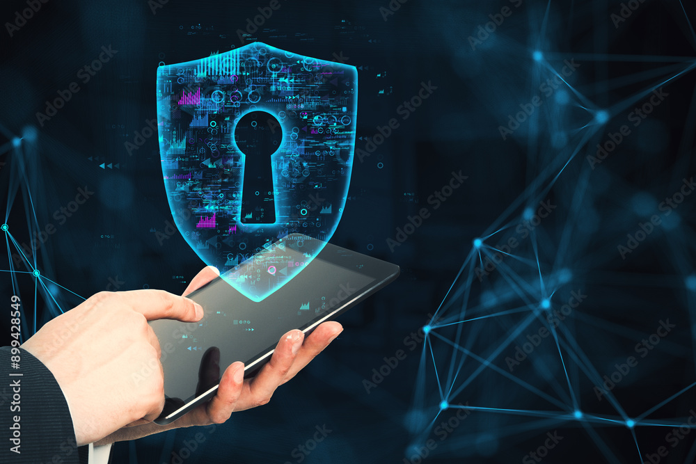 Poster digital security concept with a holographic shield and a tablet.