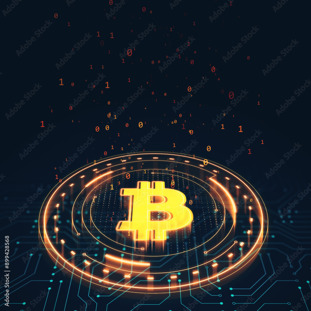 Poster Bitcoin symbol glowing in a digital matrix background. 3D Rendering
