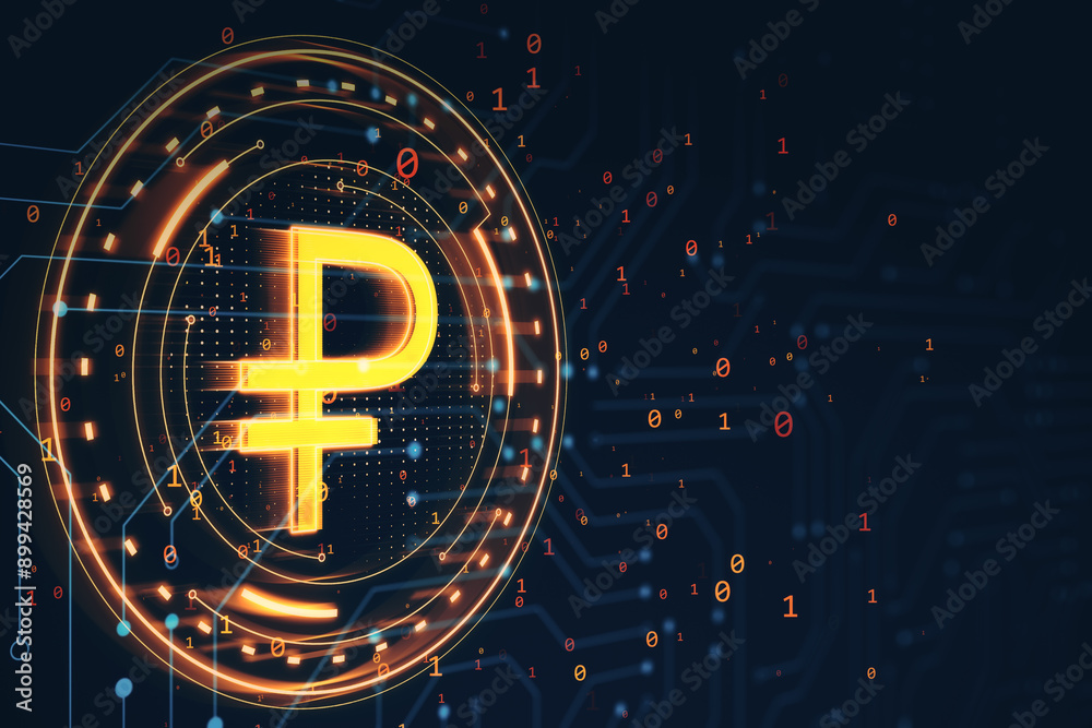 Poster Digital representation of cryptocurrency symbol on a tech background. 3D Rendering