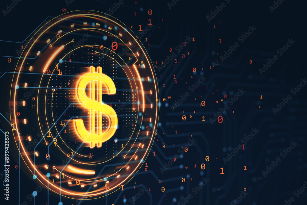 Poster Glowing Dollar Sign with Digital Circuit Background. 3D Rendering
