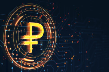 Digital representation of cryptocurrency symbol on a tech background. 3D Rendering