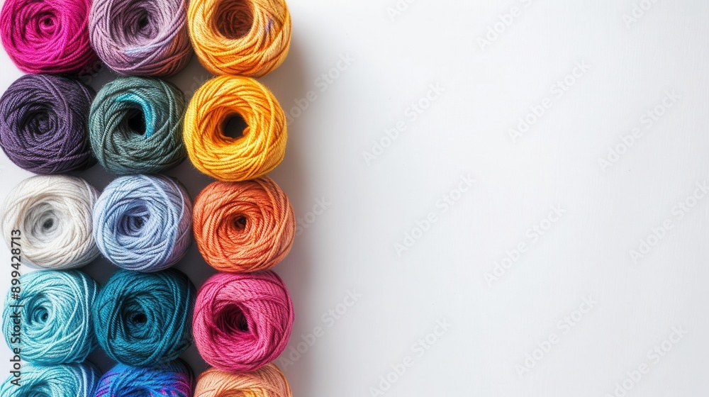 Poster A grid of vibrant yarn rolls sits neatly on a white background, creating a cheerful atmosphere perfect for crafting and creative activities. Generative AI