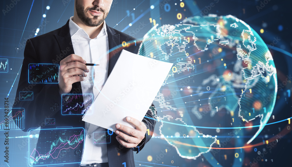 Poster businessman analyzing financial data with digital graphics on a futuristic background.