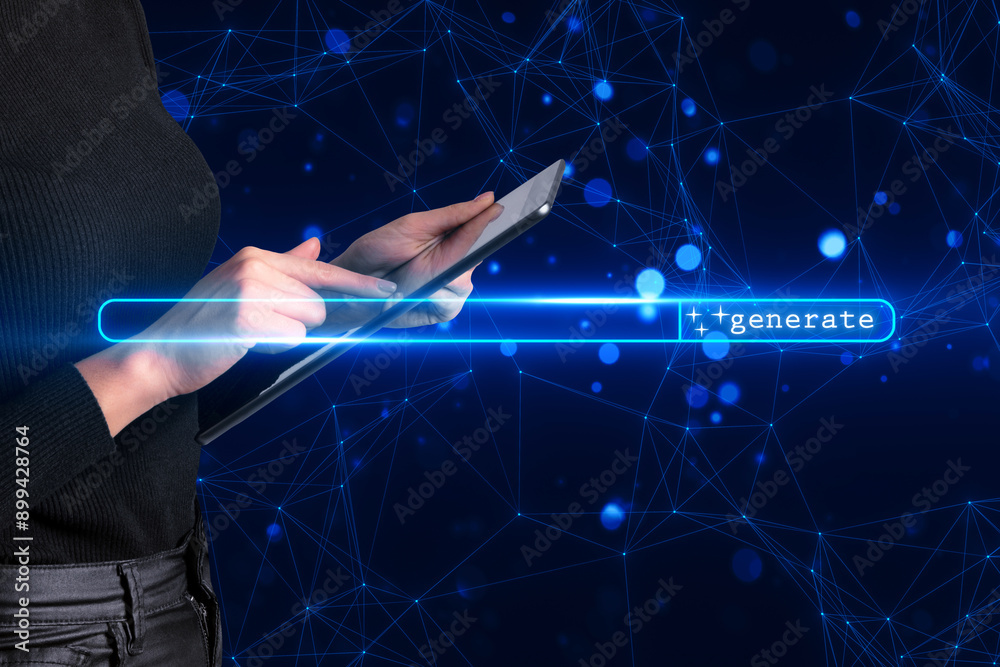 Poster Woman using a digital tablet with a glowing generate button on a neural network background.
