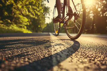 close up of bicycle wheel on the asphalt road