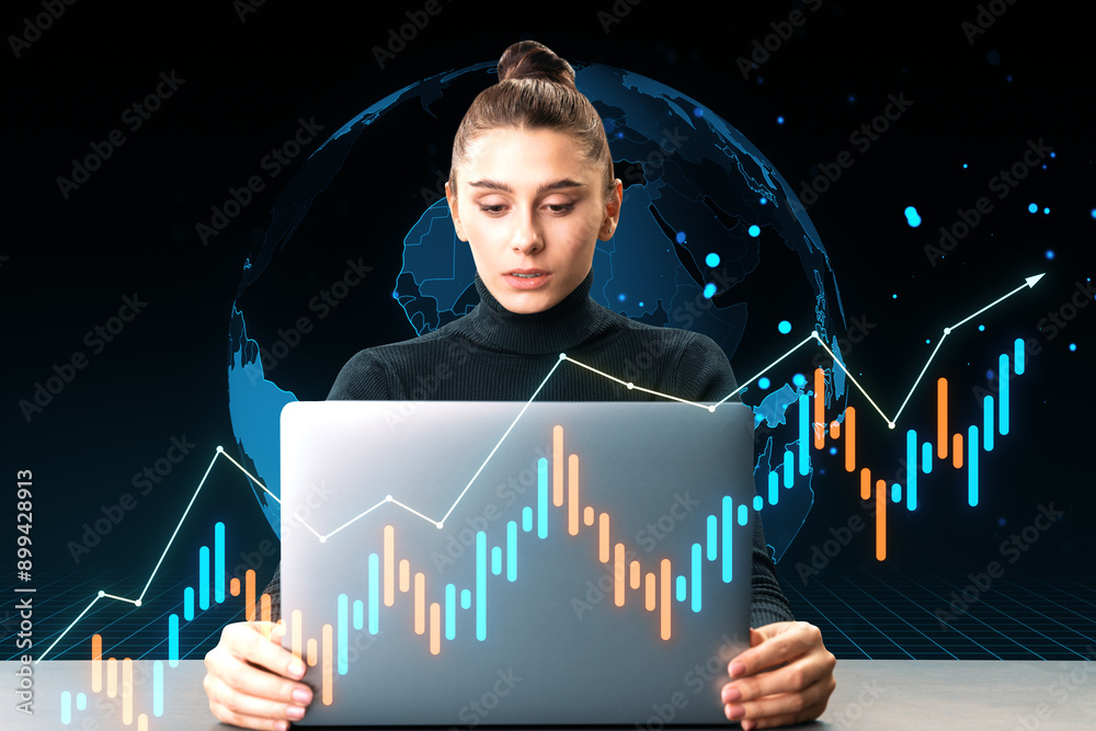 Poster woman working on laptop with financial graph and globe in background.