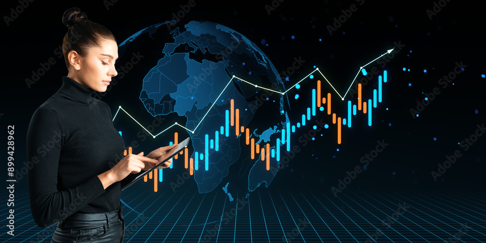 Poster woman using smartphone with financial chart and globe on dark background.
