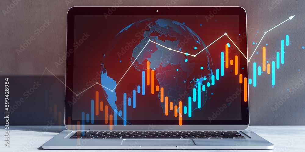 Poster Laptop screen showing Forex trading chart with global data. 3D Rendering