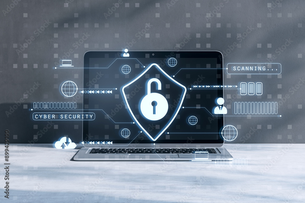 Aufkleber cybersecurity lock icon on laptop screen with holographic elements. 3d rendering