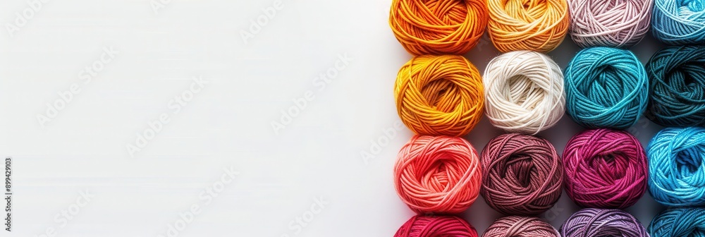 Poster numerous vibrant yarn rolls are neatly arranged in a grid style on a white background, providing a c