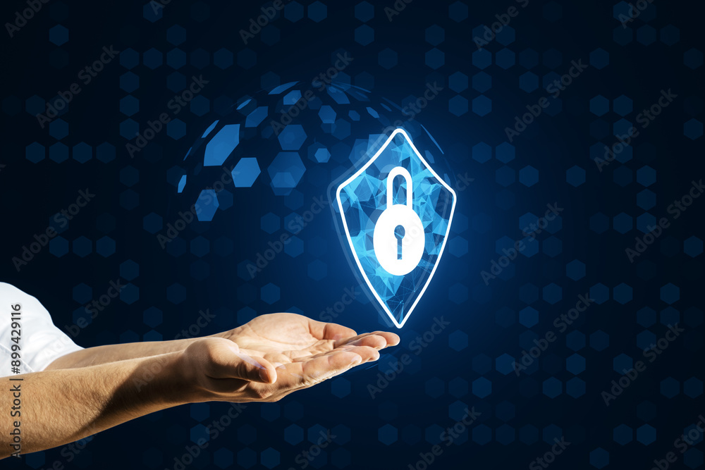 Poster Hands presenting a holographic padlock shield on a digital background symbolizing cybersecurity.