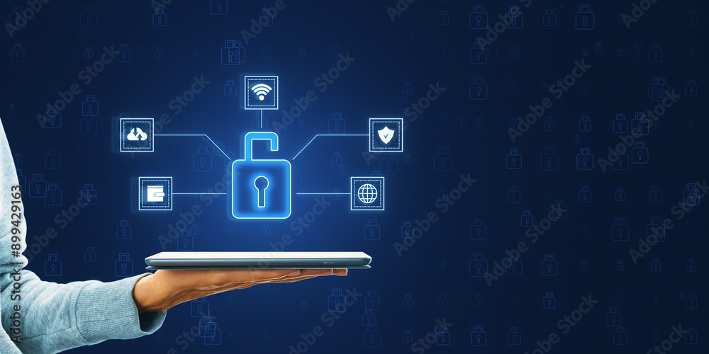 Poster Cybersecurity concept with icons connected to an unlocked lock symbol on a tablet.