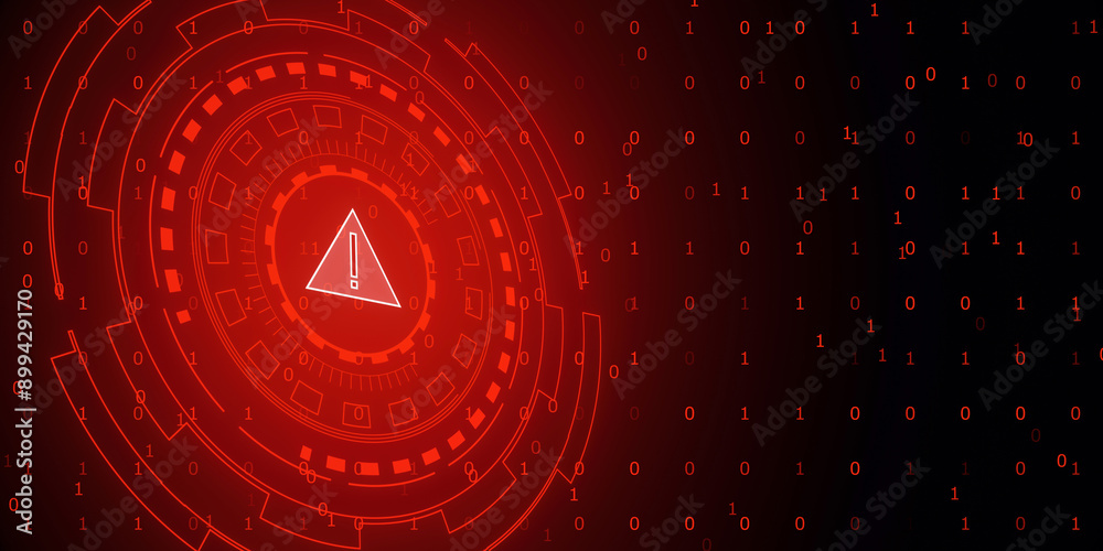 Aufkleber Red warning exclamation mark with digital binary code background. 3D Rendering