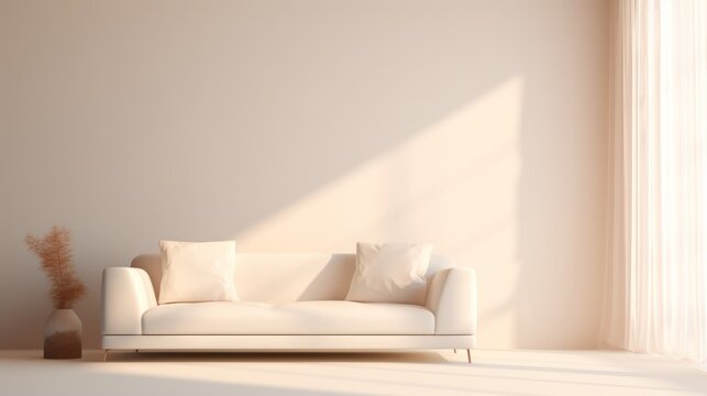 Modern minimalistic living room interior with peach color sofa and empty wall. Neural network ai generated art - Powered by Adobe