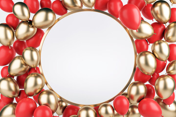 Round frame with red and gold balloons on white background. 3D Rendering