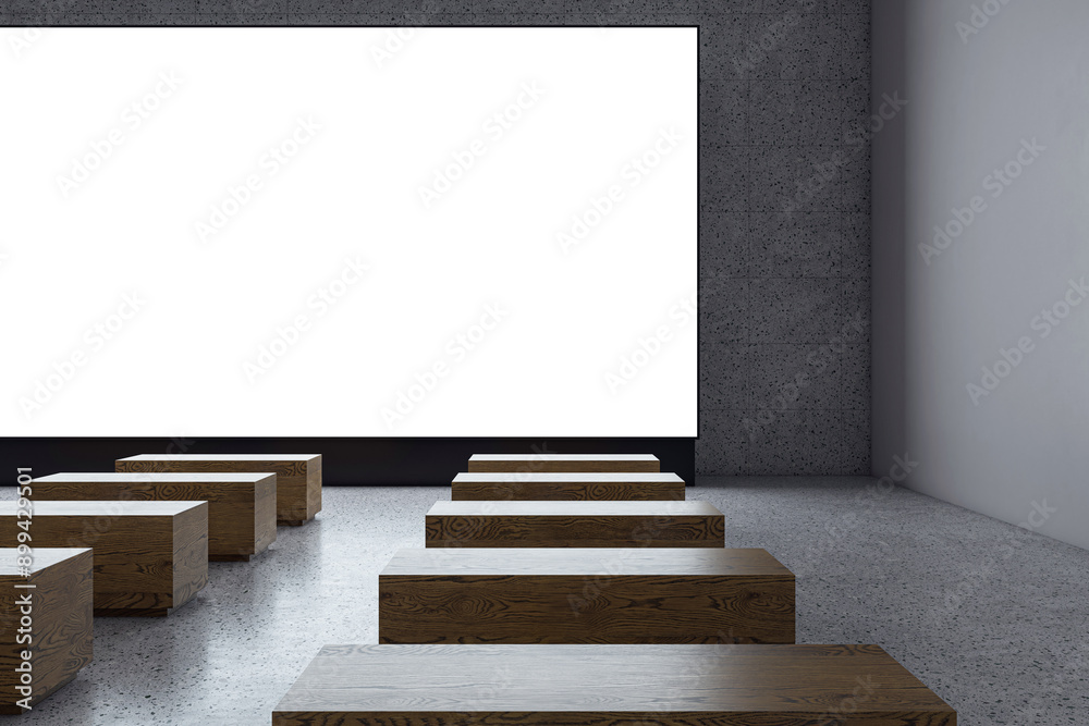 Poster Empty cinema hall with blank white screen. 3D Rendering