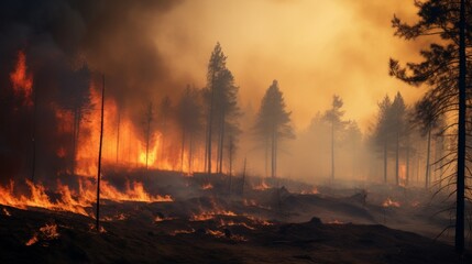 Fire accident in forest area due to global warming. Neural network ai generated art