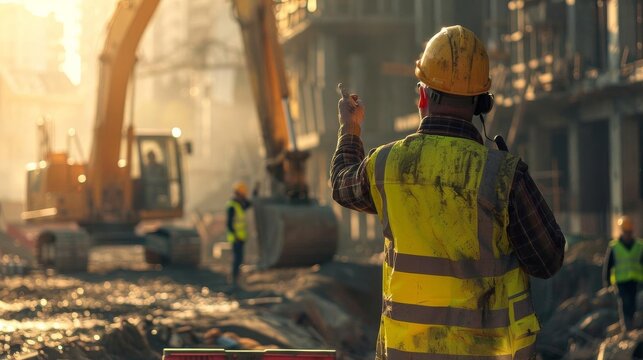 Construction worker directing machinery on a busy construction site during sunset, wearing safety gear including a high-visibility vest and helmet.