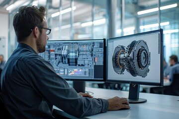 Engineer working on computer-aided design software for mechanical engineering in a modern office environment with dual monitors.