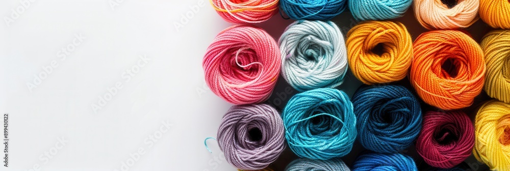 Poster A vibrant grid of soft yarn rolls in various colors awaits creative use, offering ample space for design elements or text. Generative AI