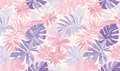 Seamless tropical leaf pattern in pastel pink and purple , Generative AI