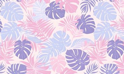 Seamless tropical leaf pattern in pastel pink and purple , Generative AI