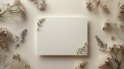 Modern Greeting Card Template Featuring a Top View of a Blank, Beige Invitation with Elegant Flower Accents and Space for a Personalized Message, Ideal for Weddings and Special Occasions