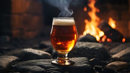 Beer in a glass on campfire background