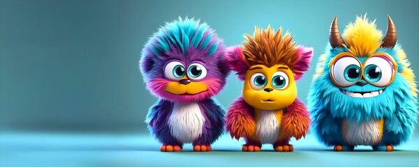 Fototapeta premium Three furry monsters toys are together on plain blue background