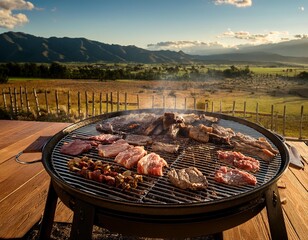 Asado grill with perfectly charred ribs and embers glowing below, Traditional asado grill loaded with various cuts of meat, against a countryside backdrop