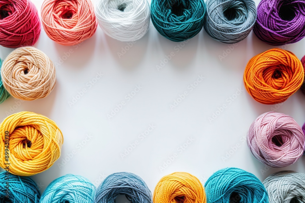 Poster Brightly colored yarn rolls are neatly arranged in a grid pattern on a white background, offering ample space for creative text and design elements. Generative AI