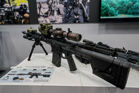 Brno, Czechia - October 08, 2021: Modern designated marksman rifle - Daniel Defense DD5, closeup detail from presentation at Idet defence fair