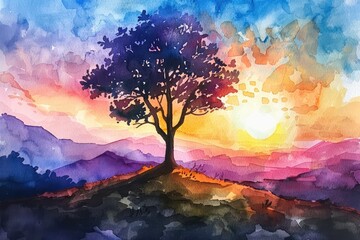 Fototapeta premium Beautiful watercolor painting of a tree at sunset, with vibrant colors and serene landscape. Perfect for artistic backdrops and nature-themed decor.