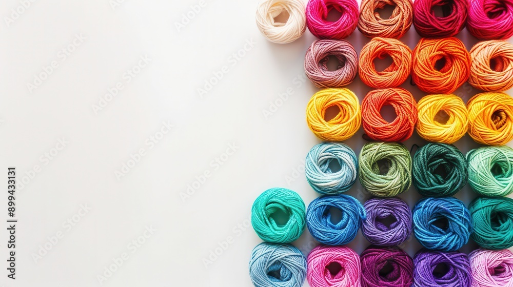 Fototapete a vibrant collection of yarn rolls displayed in a grid on a white background, providing ample space 