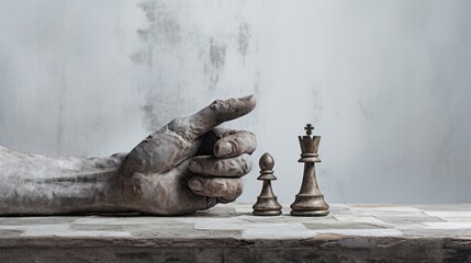 photograph of a weathered hand, its fingers gnarled and worn, carefully placing a chess piece on a chessboard set against a backdrop of a plain white wall.