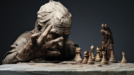 photograph of a weathered hand, its fingers gnarled and worn, carefully placing a chess piece on a chessboard set against a backdrop of a plain white wall.