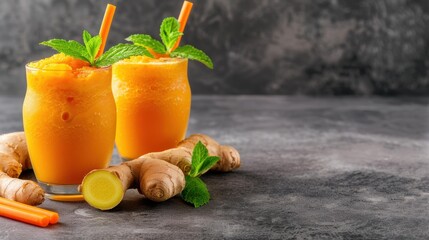 Fototapeta premium Enjoy a refreshing glass of invigorating carrot and ginger juice, artfully garnished for a vibrant, minimalist look.