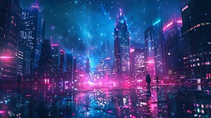 Fototapeta premium Enchanted Cityscape with Sparkling Night Sky and Neon Lights
