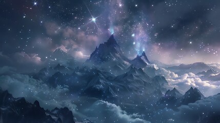 Naklejka premium Futuristic Mountain Landscape with Sparkling Stars and Clouds