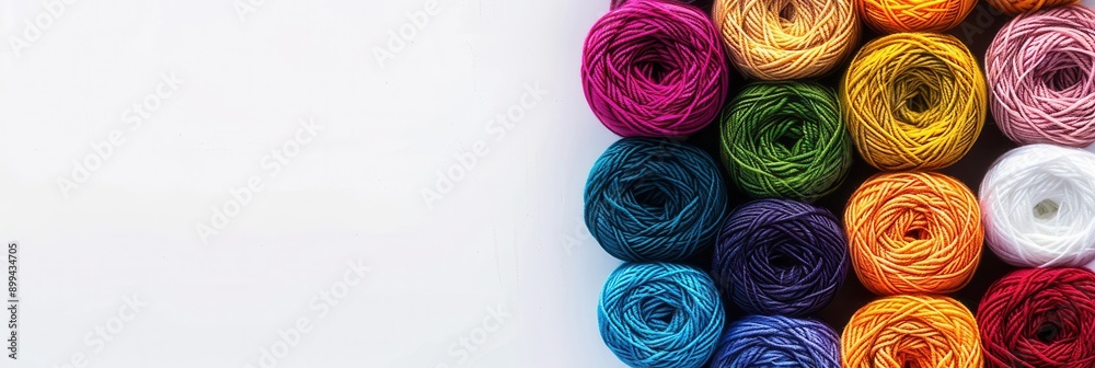 Poster a vibrant arrangement of yarn rolls in various colors is displayed, offering ample space for text pl
