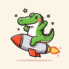 Cute Crocodile riding rocket Cartoon Illustration