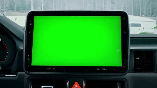 Pushing towards a large touchscreen on the central console of a modern car's interior. The touchscreen is a chroma key green screen.