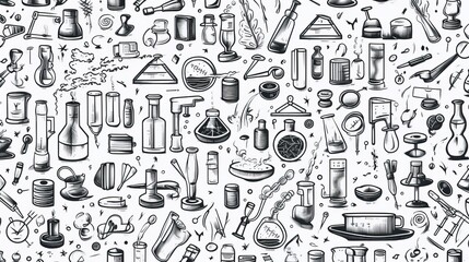 Vector pattern featuring hand-drawn sketch elements of scientific and educational tools. Abstract background illustrating physics, medicine, and chemistry with decorative lab equipment and instruments